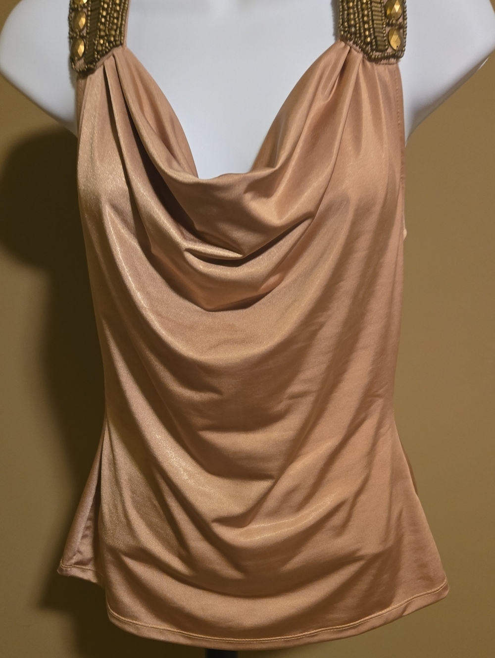 Cache Beaded-Strap Cowl Neck Tank in Blush Gold XS